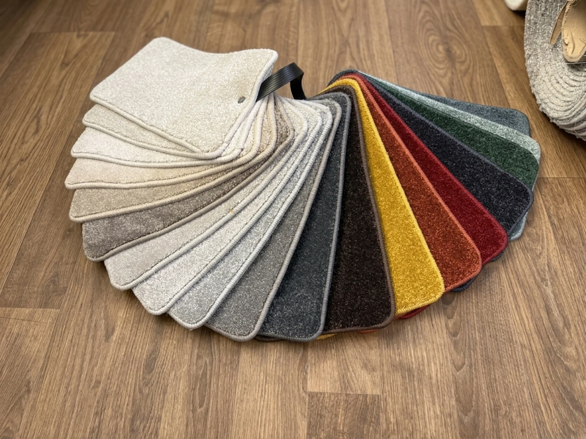 A fan of carpet colour samples on a wooden floor