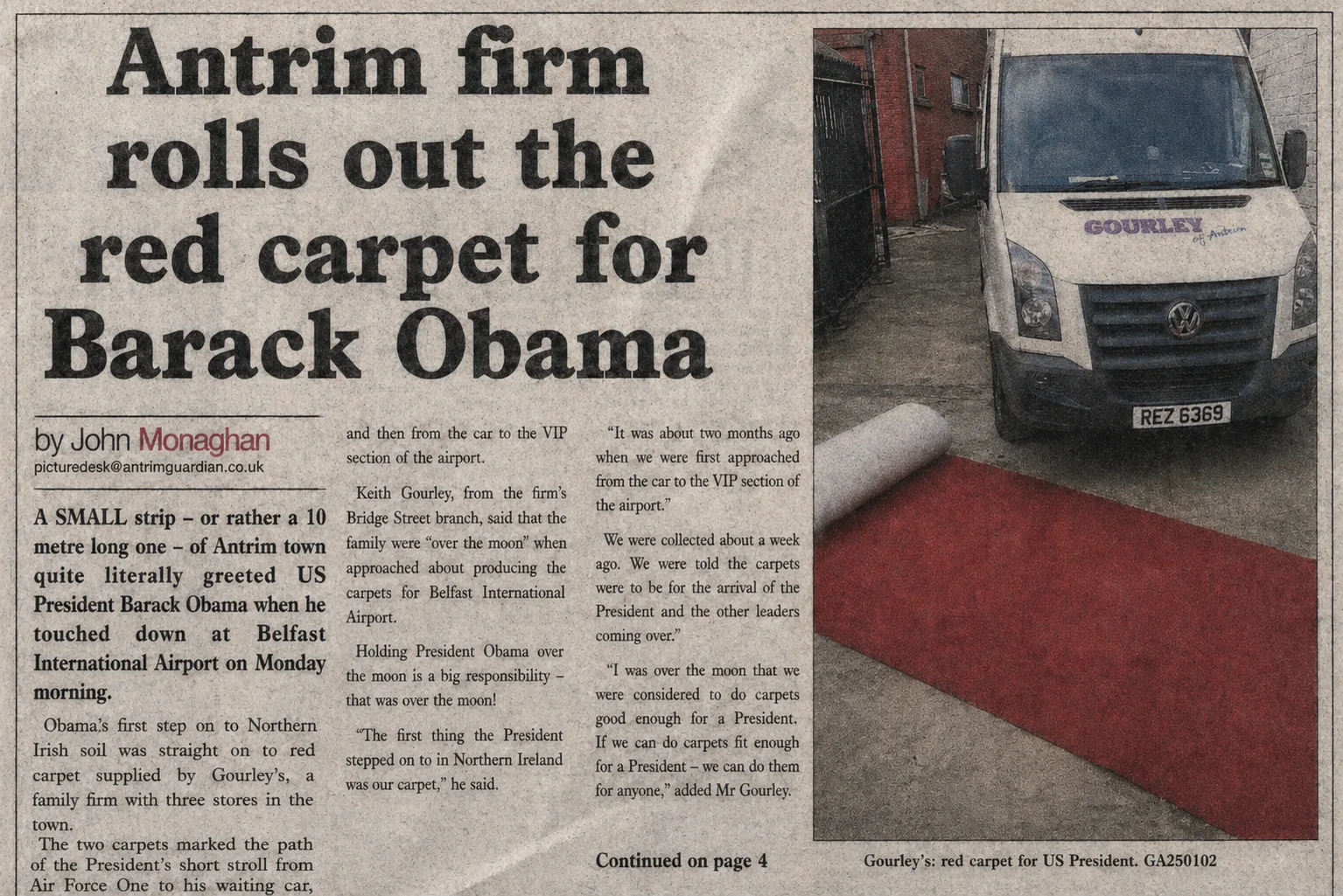 Newspaper feature about Gourleys supplying a red carpet for Barack Obama